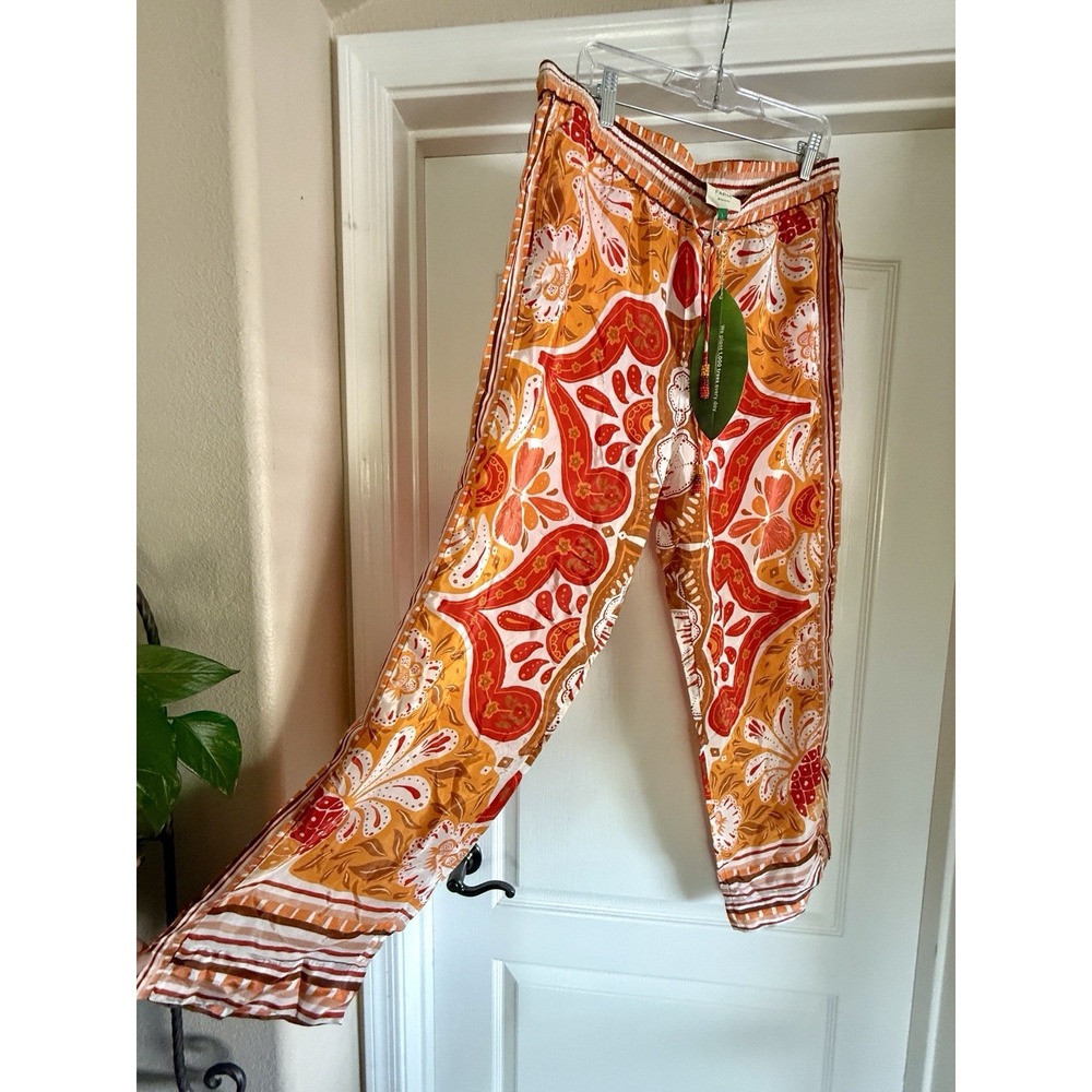 Farm Rio Wonderful Scarf Print Pants L NWT Straight Leg Pull-On Resort Orange